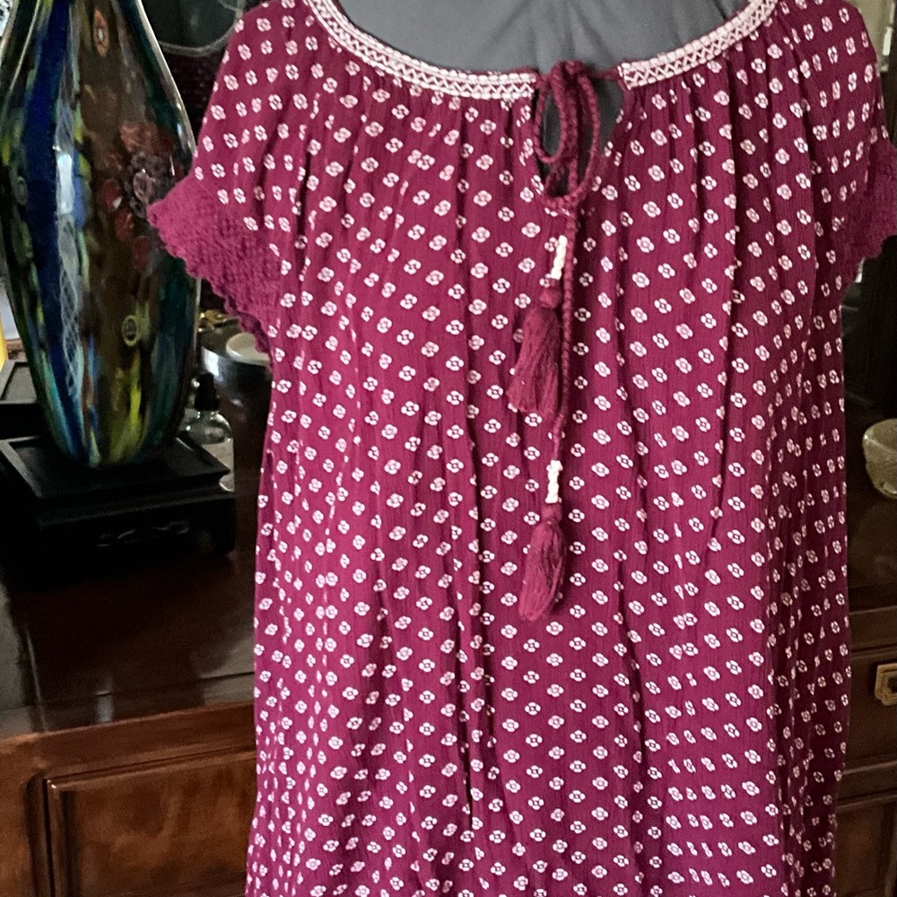 Westport Wine Printed Short-Sleeve Tunic with Tassel Tie